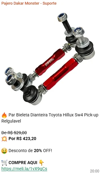 Print do grupo: Par de bieletas reguláveis Hilux e SW4, de R$ 529,00 por R$ 423,20